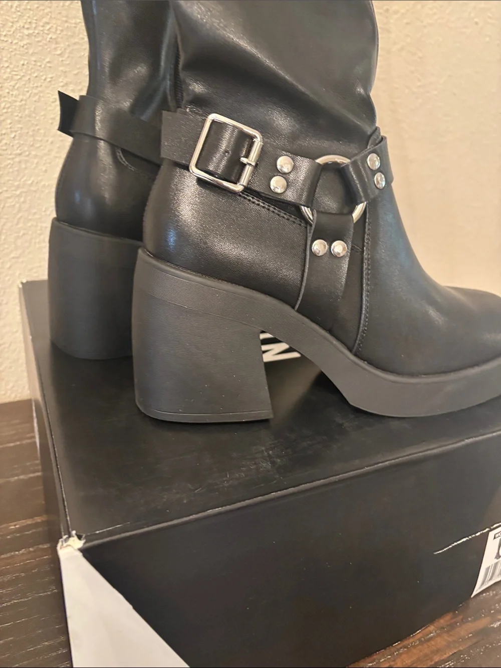 Madden NYC Women’s Black Knee Platform Boots with Buckle Strap 7